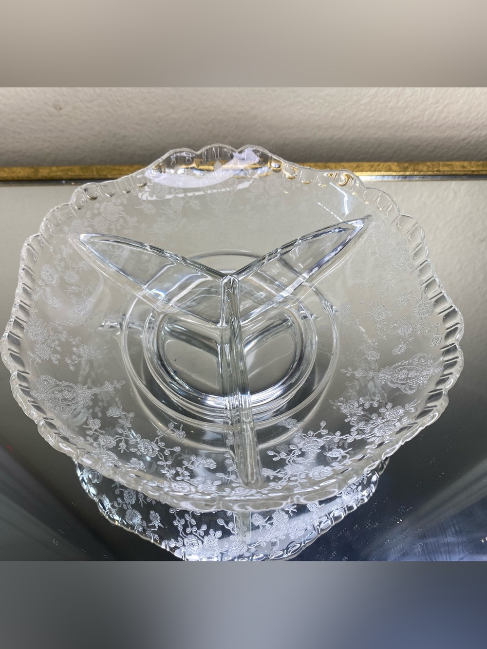 Rose Point by Cambridge Glass - Clear 3 section Nut/Candy or Relish Dish